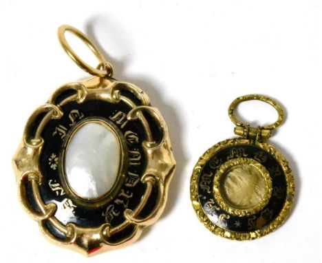Two Victorian yellow metal and enamel mourning pendants, one mounted with a Mabe pearl (2)