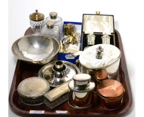 A group of silver and plated items to include: Old Shefield plate tea caddy; chamberstick by Matthew Boulton; knife rests; sp