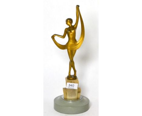 Art Deco spelter figure modelled as a semi-nude woman, in the manner of Lorenzl, on an alabaster and later wooden base (a.f)
