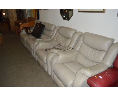 A leather upholstered three piece suite comprising of a reclining sofa; electric reclining armchair and matching another matc