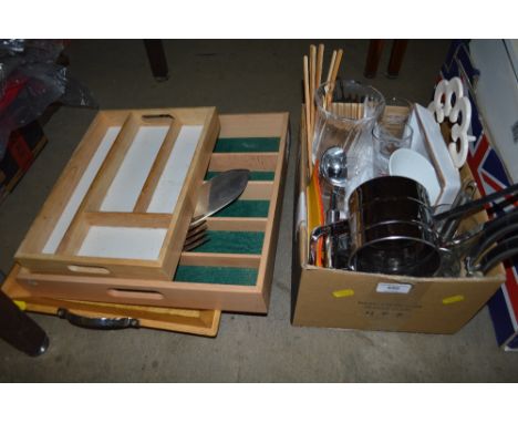 A quantity of kitchenalia; to include cutlery trays, twin handled oak tray, box of various glassware and kitchen utensils