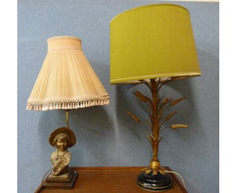 A vintage gilt metal table lamp and one other 