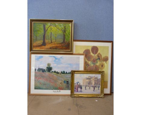 A Claude Monet print, Vincent Van Gogh print and two others, framed 