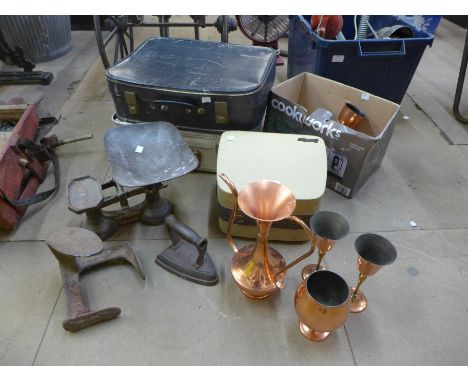 A set of vintage weighing scales, cobblers last, assorted copperware, cases, etc. 