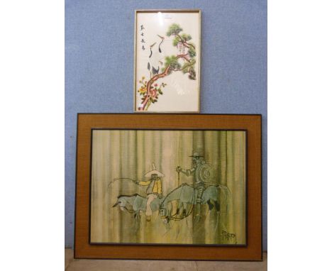 A Japanese silk embroidery and a Colin Paynton print, framed 