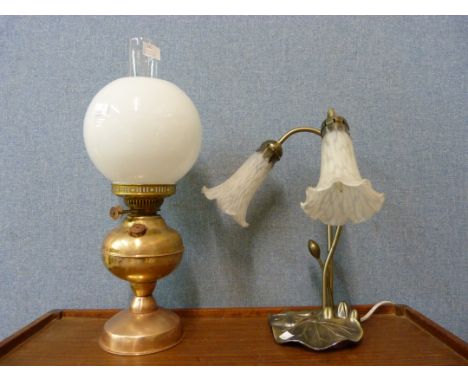 An Art Nouveau style table lamp and an oil lamp 