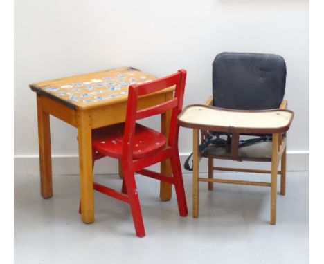 VINTAGE CHILD'S FEEDING CHAIRthe seat with harness and the wooden arms supporting a shaped plastic tray; together with a chil