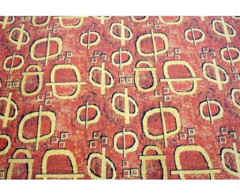 PATTERNED CARPET SECTION with yellow circular motifs, on a red/orange ground, 200cm x 350cm  (From Port Sunshine Pub)