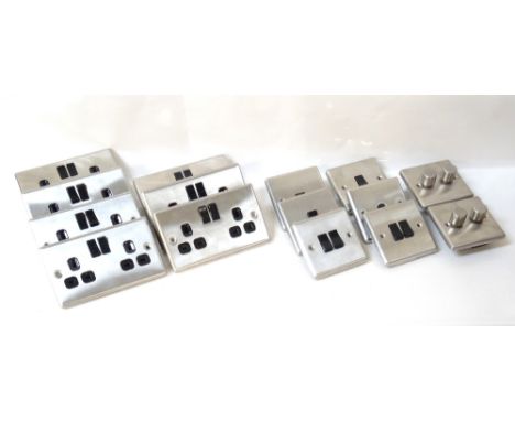 LOT OF BRUSHED STEEL PLUG SOCKETS AND LIGHT SWITCHES1 box (From Simon's Flat)