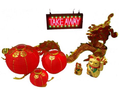COLLECTION OF ITEMS FROM THE CHINESE RESTAURANTincluding two lucky cats, lanterns, menus, adjustable lamps, wall clock and li