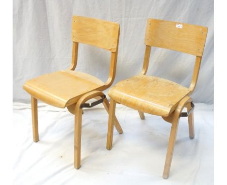 SET OF EIGHT VINTAGE WOODEN STACKING SCHOOL CHAIRSa few with metal handles to upper legs (From Port Sunshine Pub)
