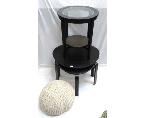 THREE OCCASIONAL TABLES and a small padded pouffe (4) (June's House)