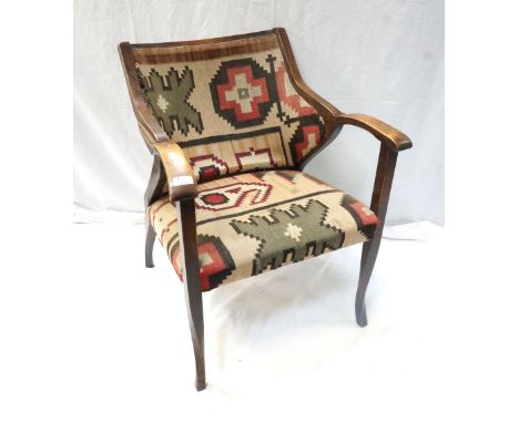 VINTAGE STAINED WOOD FRAMED ARMCHAIRwith geometric patterned seat and back