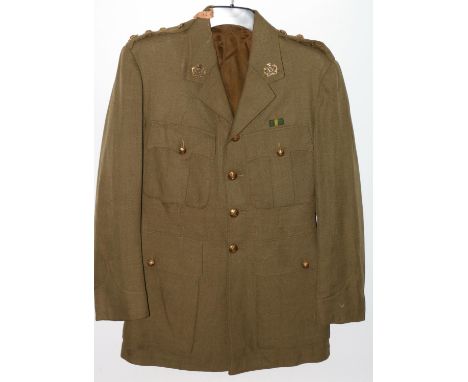 British Army uniform, a khaki green jacket with having RGH brass buttons, Royal Gloucestershire Hussars collar badges,&nbsp; 