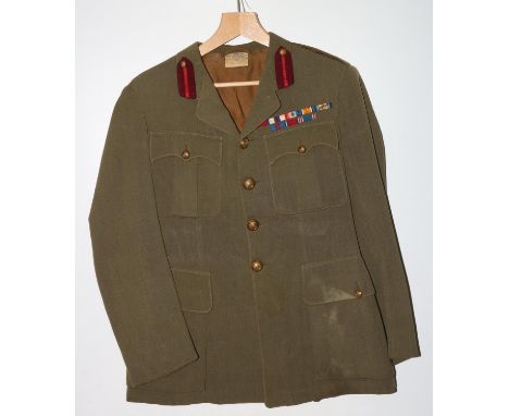 British Army uniform, a British Army khaki green jacket with Flight Ltd of London label having Maddox of London GRVI brass bu