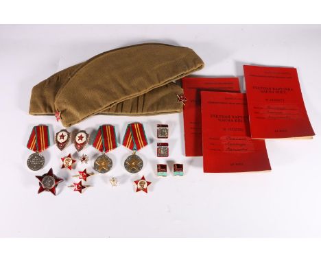 Russian silver and enamel Order of the Red Star numbered 2085858 to the reverse, screw back, three Russian long service and g