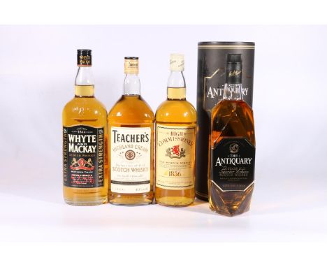 Four bottles of blended Scotch whisky including THE ANTIQUARY 12 year old 1litre 43% abv. boxed, HIGH COMMISSIONER 1litre 40%