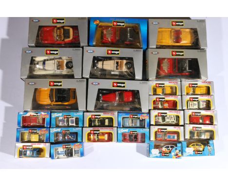 28 Burago 1:24 and 1:43 scale diecast model vehicles including 197 Jeep Wrangler, 4128 Ferrari F40, 4129 Ferrari 346tb Evoluz