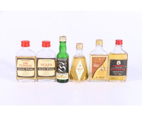 Six single malt Scotch whisky miniatures including TALISKER 100 proof, CLYNELISH 12 70 proof, SPRINGBANK 12 year old 80 proof