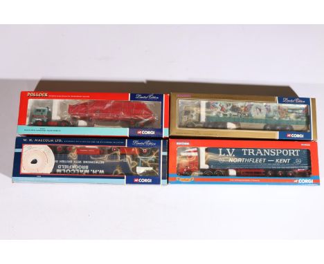 Four Corgi 1:50 scale diecast articulated lorry models including CC13107 Volvo F88 Sheeted Flatbed Trailer Pollock Scotrans L