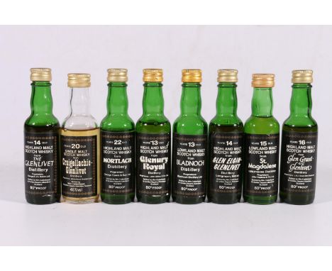 Eight William Cadenhead of Aberdeen single malt Scotch whisky miniatures including ST MAGDALENE 15 year old, GLENURY ROYAL 13