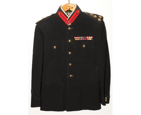 British Army uniform, a British Army dark blue having Gaunt of London ERII brass buttons, epaulette rank insignia for the ran