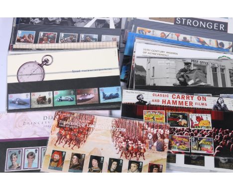 GB mint stamps presentation packs including House of Lancaster and York #409, Classics of Carry On and Hammer Films #414, Kew