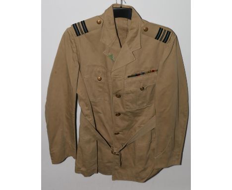 British Royal Air Force uniform, a tan khaki summer jacket, having Buttons Ltd of Birmingham brass RAF buttons, epaulette ran