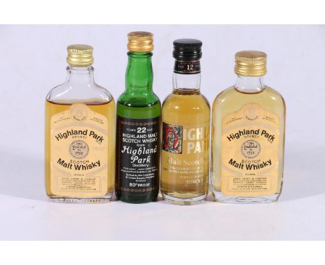 Four HIGHLAND PARK single malt Scotch whisky miniatures including 8 year old 100 proof, 8 year old 70 proof, 22 year old Will