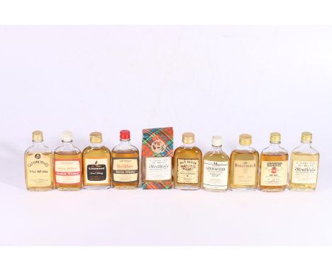 Ten single malt Scotch whisky miniatures including GLEN MHOR 100 proof, LONGMORN-GLENLIVET 12 year old 70 proof, three STRATH