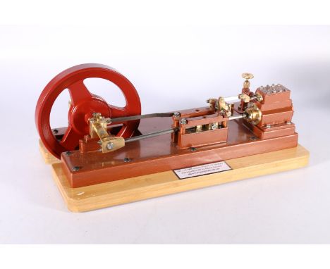 Model mill steam engine (AR116) built by Albert Ranaldi, 38 cm long raised on wooden plinth base 38cm x 19cm 