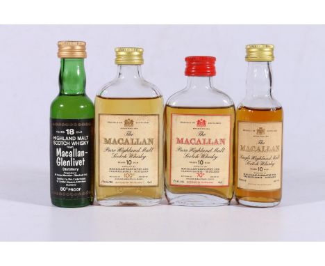 Four MACALLAN single malt Scotch whisky miniatures including 10 year old 100 proof 4cl, 10 year old 70 proof 4cl, 10 year old