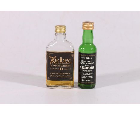 ARDBEG 10 year old Islay single malt Scotch whisky miniature 5cl, and ARDBEG 14 year old Islay single malt Scotch whisky mini