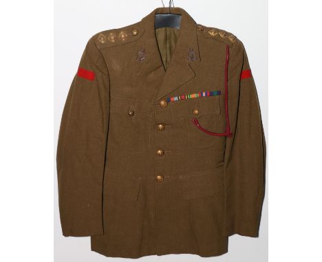 British Army uniform, a khaki green jacket with Rowans of Glasgow label "Dr R MEEK 10.10.42" having Royal Army Medical Corps 