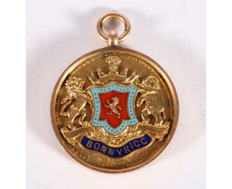 Enamelled 9ct gold fob medal, the obverse with the seal or arms of the town of Bonnyrigg, Midlothian, the reverse inscribed "