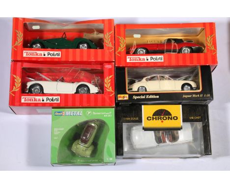 Three Tonka Polistil 1:16 scale diecast models including Morgan Berlinetta, MGA Twin Cam and Jaguar mk2, Revell 08917 Messers