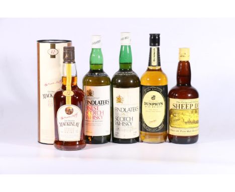Five bottles of whisky including SHEEP DIP 8 year old pure malt Scotch whisky 70cl 40% abv., MACKINLAY 12 year old blended Sc