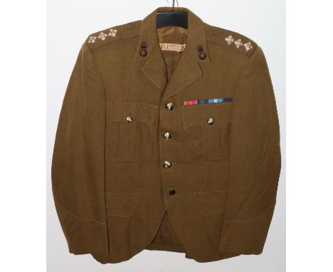 British Army uniform, a khaki green jacket with Jardines of Edinburgh "A R R CHISHOLM J3137 6.5.65" having Firmin of London H