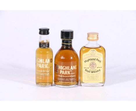 Three HIGHLAND PARK single malt Scotch whisky miniatures including old style 12 year old 10cl 40% abv., old style 12 year old