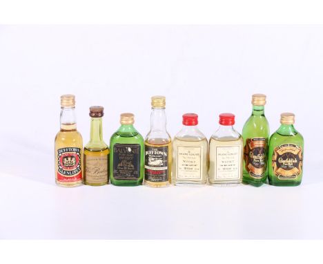 Eight single malt Scotch whisky miniatures including BALVENIE 8 year old 70 proof, BALVENIE-GLENLIVET As We Get It 108.6 proo