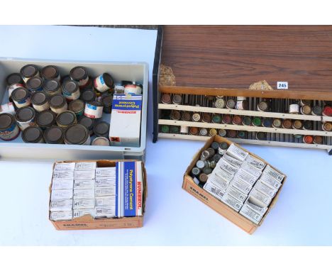 Humbrol model paints including shop display stand, two cardboard boxes of paints, K&amp;B Superpoxy etc. 