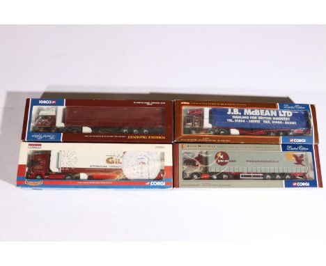 Four Corgi 1:50 scale diecast articulated lorry models including Hauliers of Renown CC12933 Scania Topline Fridge Trailer Edw