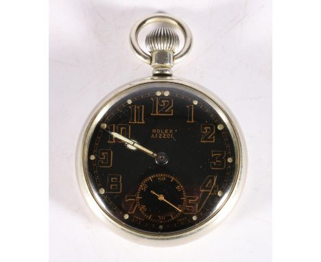 Rolex A12201 15 rubies military style keyless open faced pocket watch, the dial with Arabic numerals, luminous dot markers, s
