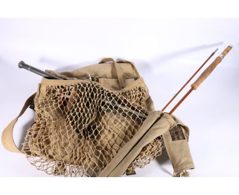 Hardy Brothers of Alnwick canvas tackle bag containing Hardy Bros Neroda type black fly cast box, a Hardy landing net and a H