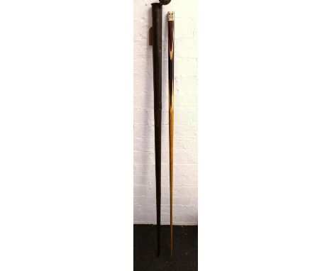 Horace Lindrum Champion cue with ivorine plaque depicting portrait of Lindrum, 147cm long, in metal case 