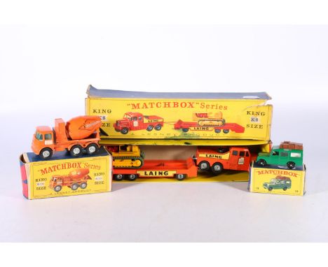 Matchbox King Size K8 Tractor and Transporter with Crawler Tractor, K13 Ready Mix Concrete Truck and 12 Safari Land Rover, ea