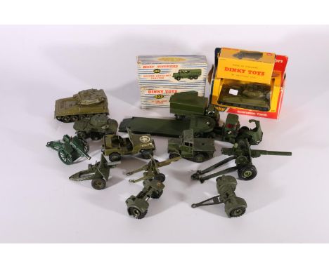 Dinky Toys 622 10-ton Army Truck, 689 Medium Artillery Tractor, 690 Scorpion Tank, each boxed and other army vehicles includi