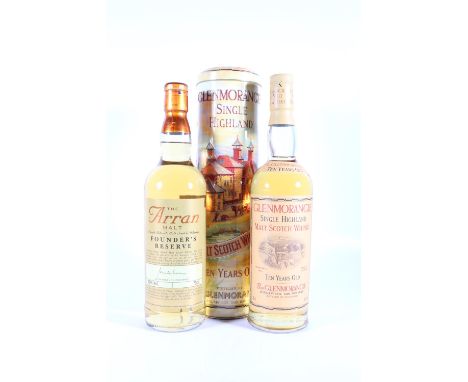GLENMORANGIE 10 year old Highland single malt Scotch whisky 70cl 40% abv in tube and an ARRAN Founder's Reserve single Island