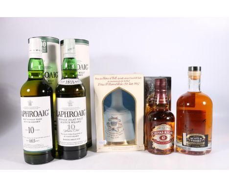 Two bottles of LAPHROAIG 10 year old Islay single malt Scotch whisky 70cl 40% abv., ASDA 12 year old blended Scotch whisky 70