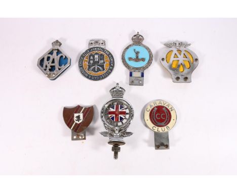 Vintage car badges including The Hawick and Border Car and Motor Cycle Club "Teribus", a Royal Observer's Corps "Forewarned i